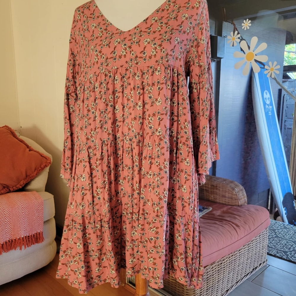 NATURAL LIFE Pink Floral BOHO Babydoll Mini Dress, size M